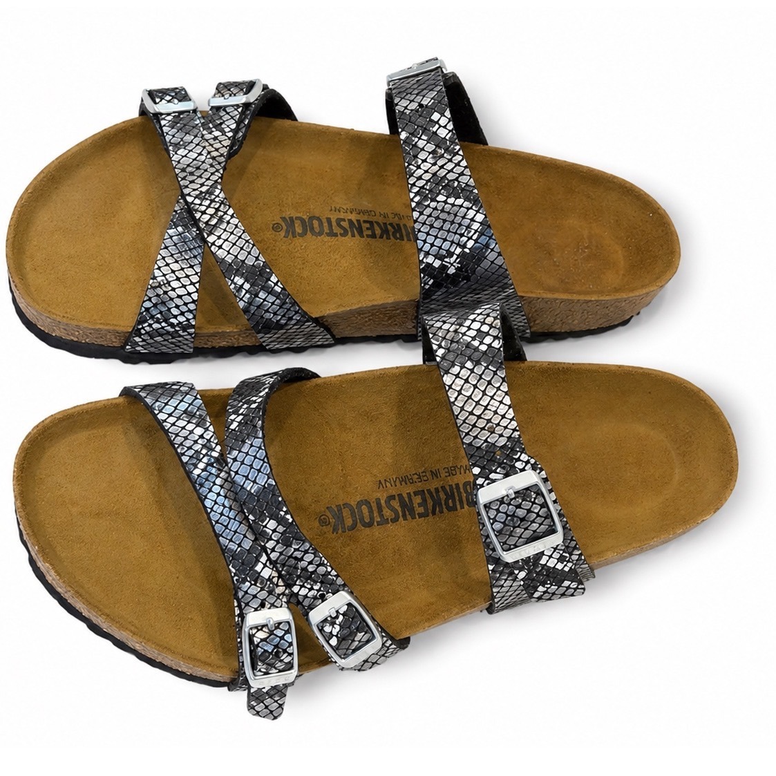 Birkenstock Salina Sandals Silver Black Snakeskin Print Strappy Slides 10 106-20